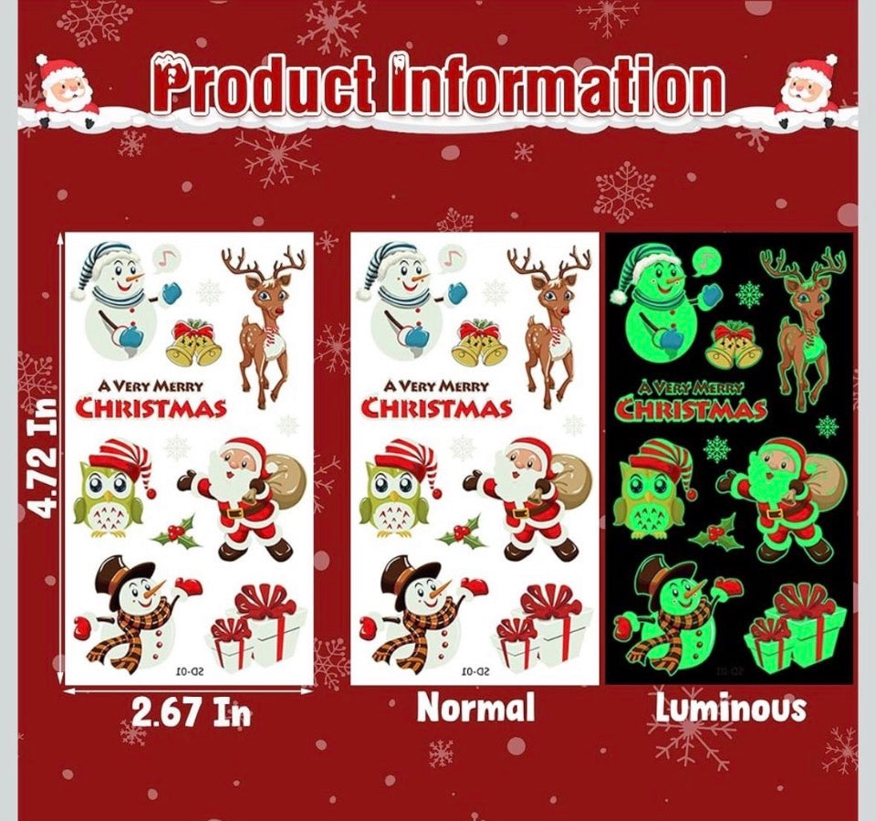 Glow-in-the-Dark Christmas Tattoos for Kids, 10 Sheets