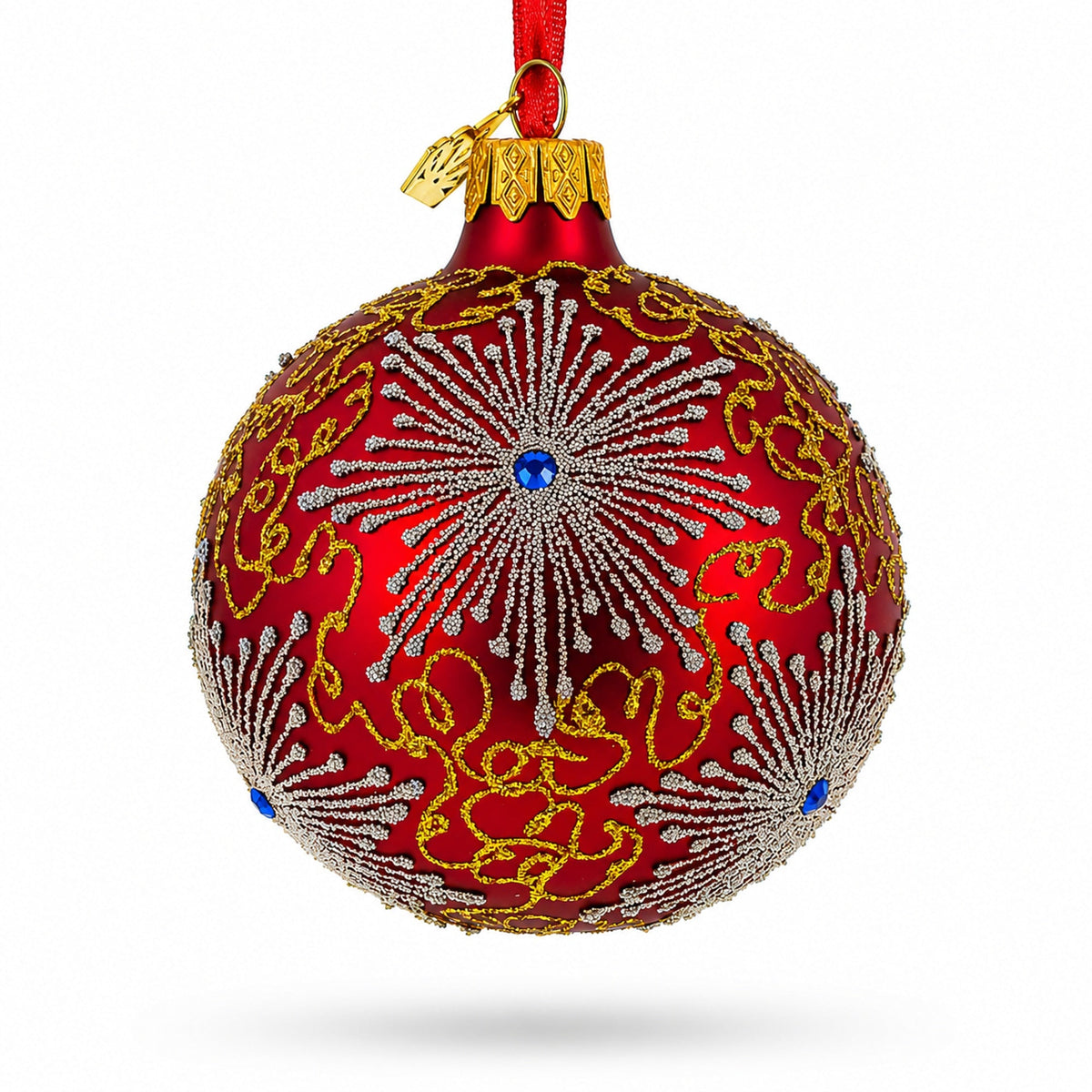 Jeweled Snowflake on Red Glass Ornament, 3.25 Inch