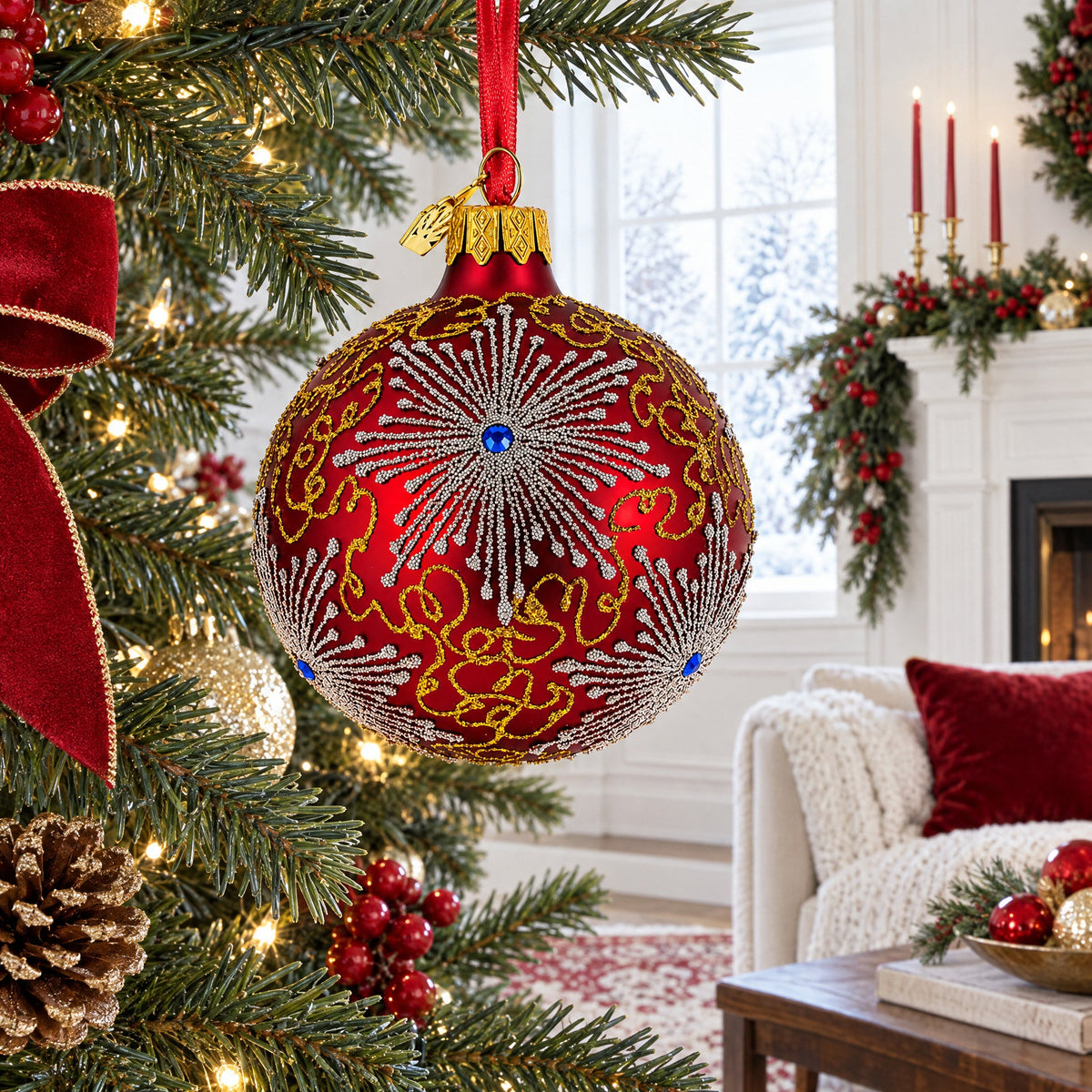 Jeweled Snowflake on Red Glass Ornament, 3.25 Inch