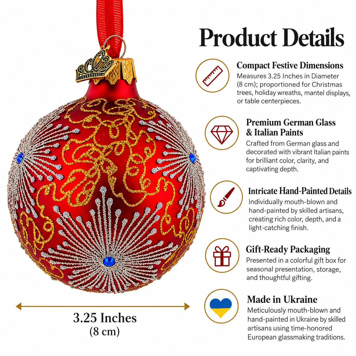 Jeweled Snowflake on Red Glass Ornament, 3.25 Inch
