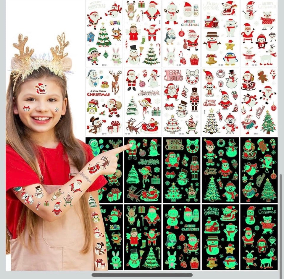 Glow-in-the-Dark Christmas Tattoos for Kids, 10 Sheets