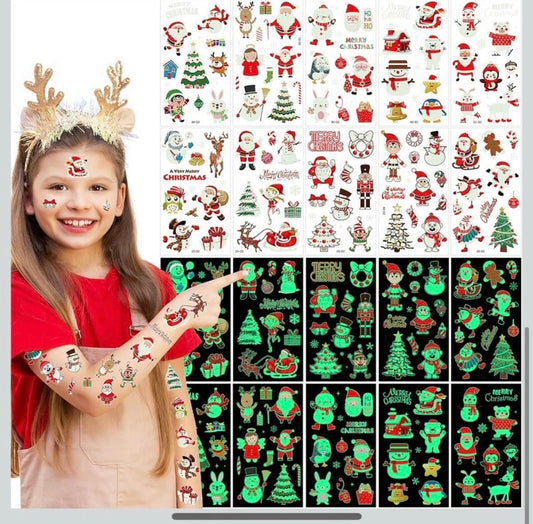 Glow-in-the-Dark Christmas Tattoos for Kids, 10 Sheets