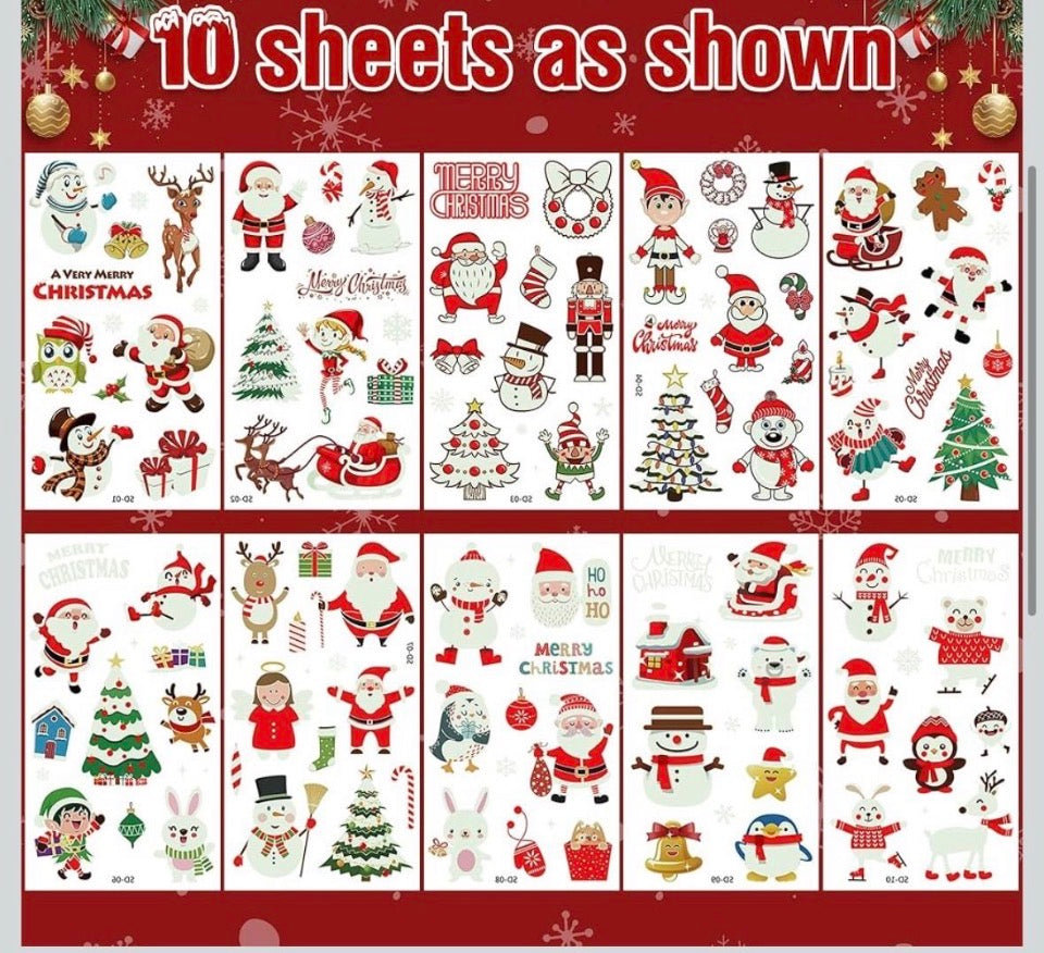 Glow-in-the-Dark Christmas Tattoos for Kids, 10 Sheets