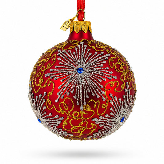 Jeweled Snowflake on Red Glass Ornament, 3.25 Inch