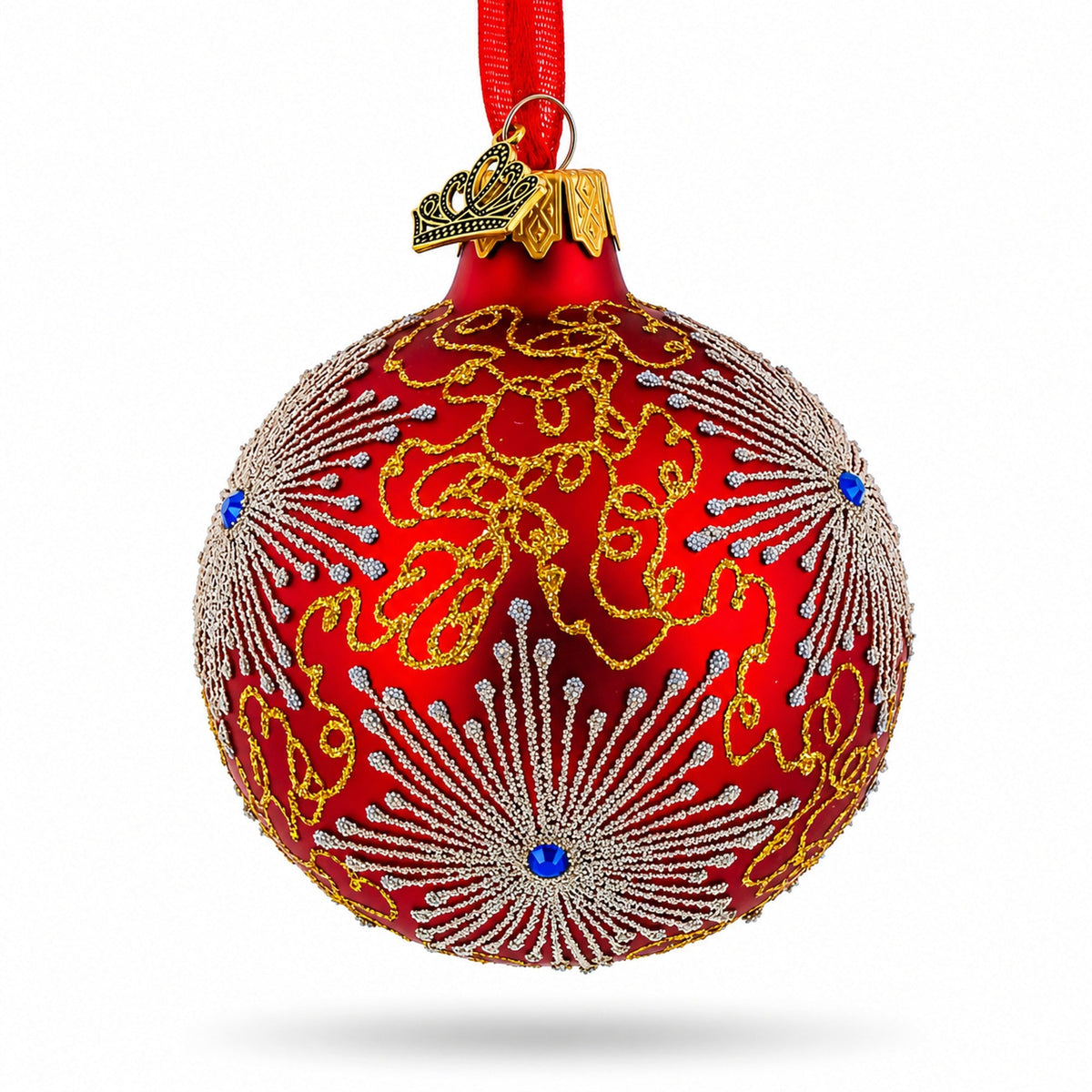 Jeweled Snowflake on Red Glass Ornament, 3.25 Inch